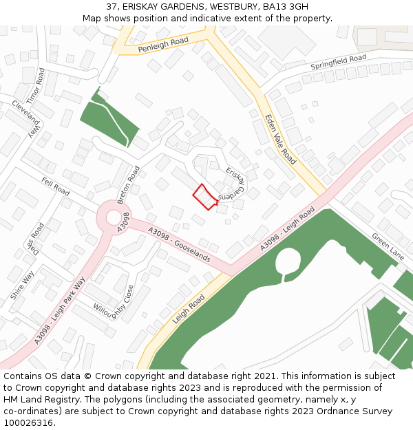 37, ERISKAY GARDENS, WESTBURY, BA13 3GH: Location map and indicative extent of plot