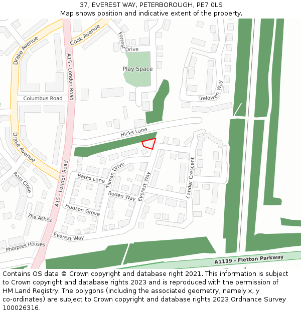 37, EVEREST WAY, PETERBOROUGH, PE7 0LS: Location map and indicative extent of plot