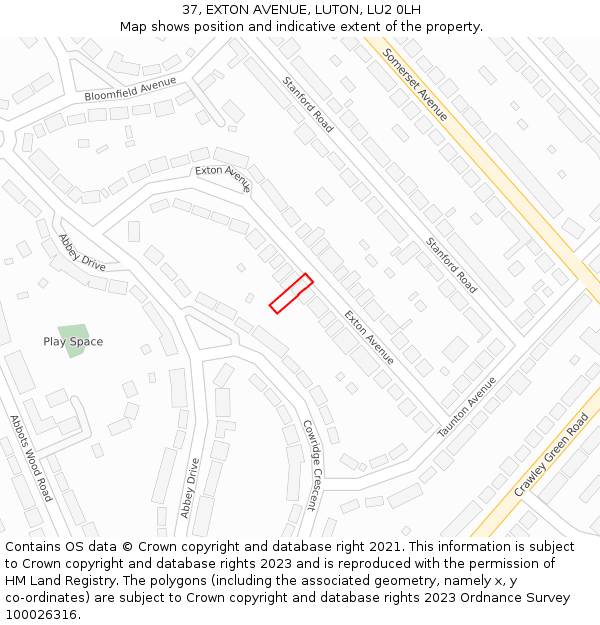 37, EXTON AVENUE, LUTON, LU2 0LH: Location map and indicative extent of plot