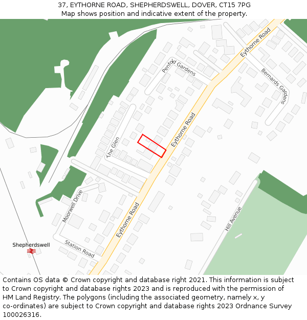 37, EYTHORNE ROAD, SHEPHERDSWELL, DOVER, CT15 7PG: Location map and indicative extent of plot