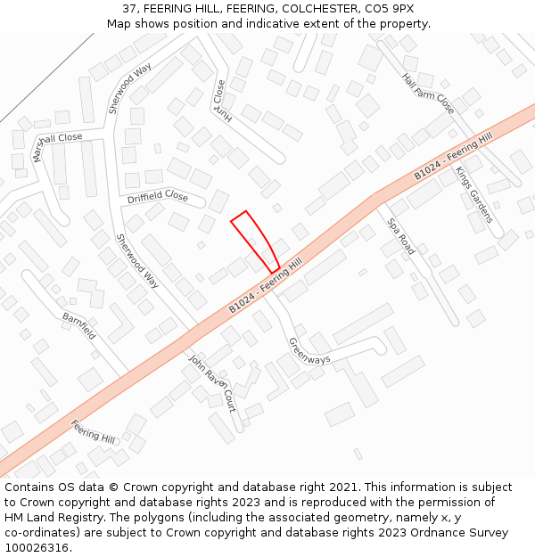 37, FEERING HILL, FEERING, COLCHESTER, CO5 9PX: Location map and indicative extent of plot