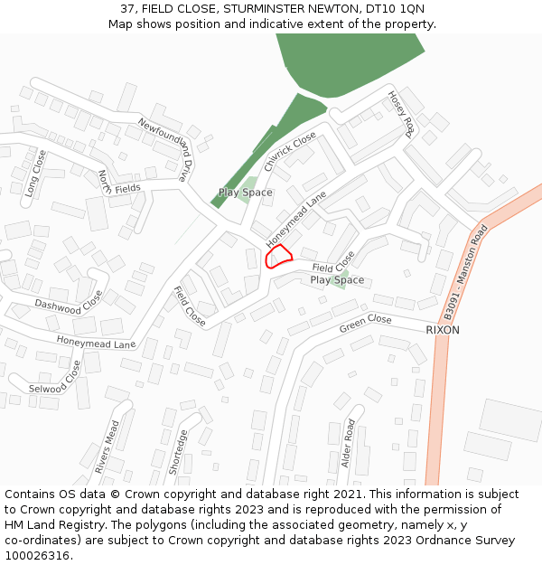 37, FIELD CLOSE, STURMINSTER NEWTON, DT10 1QN: Location map and indicative extent of plot