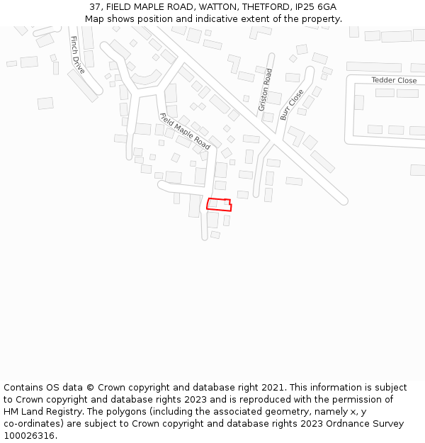 37, FIELD MAPLE ROAD, WATTON, THETFORD, IP25 6GA: Location map and indicative extent of plot