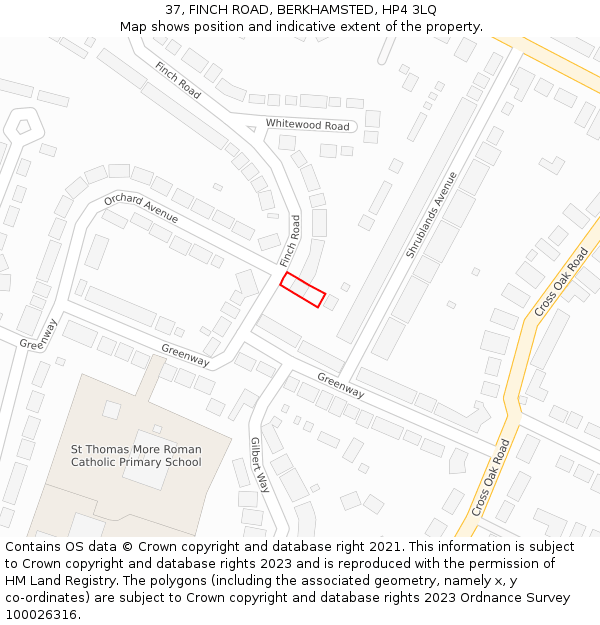 37, FINCH ROAD, BERKHAMSTED, HP4 3LQ: Location map and indicative extent of plot