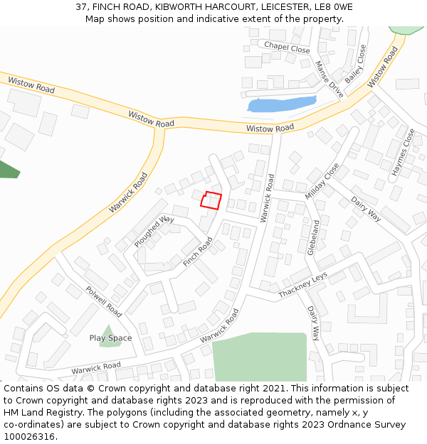 37, FINCH ROAD, KIBWORTH HARCOURT, LEICESTER, LE8 0WE: Location map and indicative extent of plot