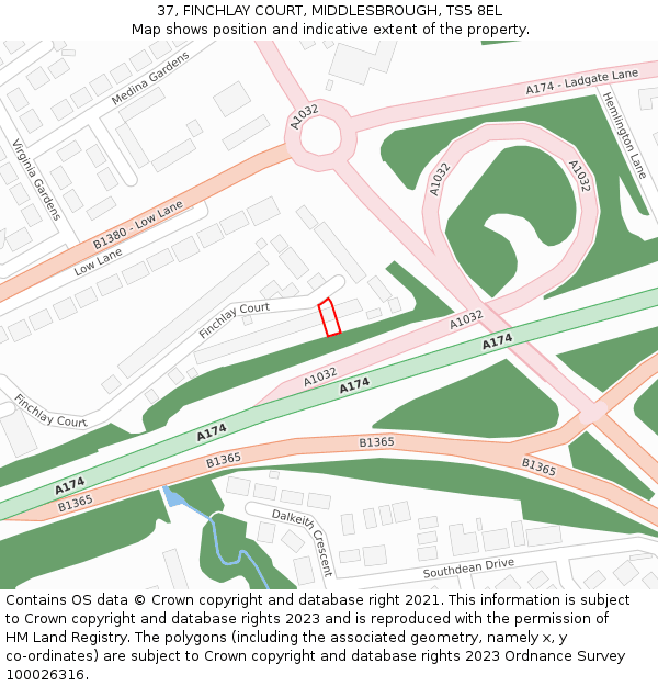 37, FINCHLAY COURT, MIDDLESBROUGH, TS5 8EL: Location map and indicative extent of plot