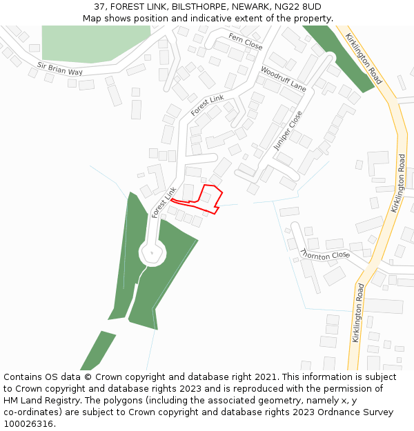 37, FOREST LINK, BILSTHORPE, NEWARK, NG22 8UD: Location map and indicative extent of plot