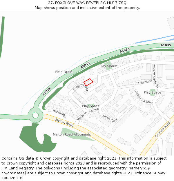 37, FOXGLOVE WAY, BEVERLEY, HU17 7SQ: Location map and indicative extent of plot