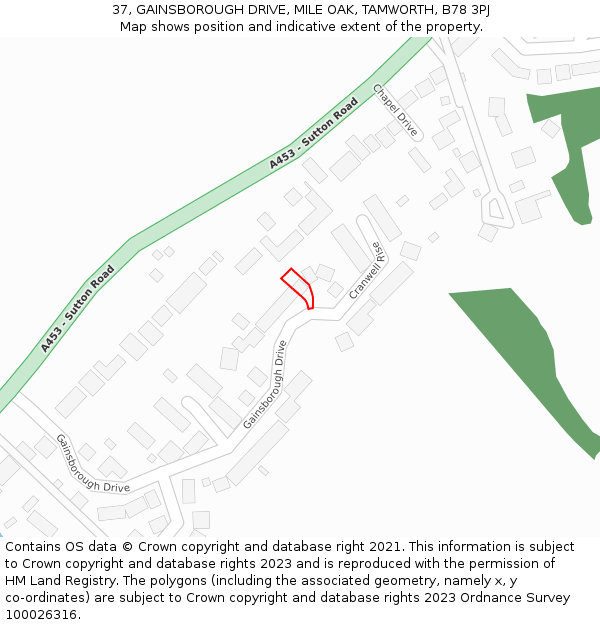 37, GAINSBOROUGH DRIVE, MILE OAK, TAMWORTH, B78 3PJ: Location map and indicative extent of plot