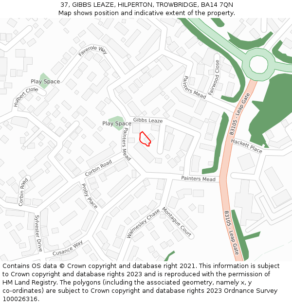 37, GIBBS LEAZE, HILPERTON, TROWBRIDGE, BA14 7QN: Location map and indicative extent of plot
