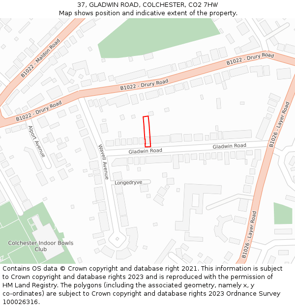 37, GLADWIN ROAD, COLCHESTER, CO2 7HW: Location map and indicative extent of plot