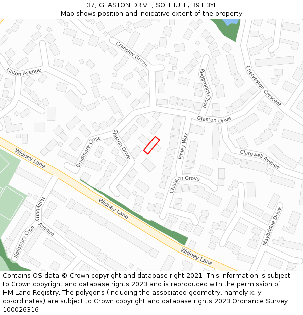 37, GLASTON DRIVE, SOLIHULL, B91 3YE: Location map and indicative extent of plot