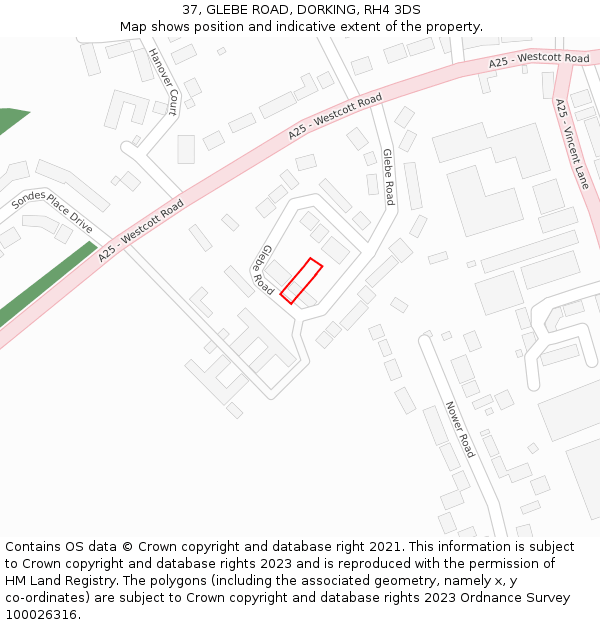 37, GLEBE ROAD, DORKING, RH4 3DS: Location map and indicative extent of plot