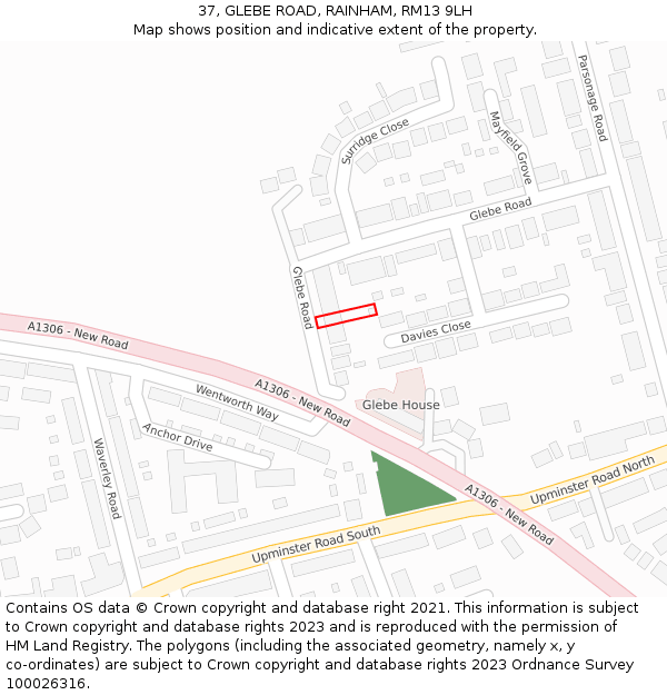 37, GLEBE ROAD, RAINHAM, RM13 9LH: Location map and indicative extent of plot