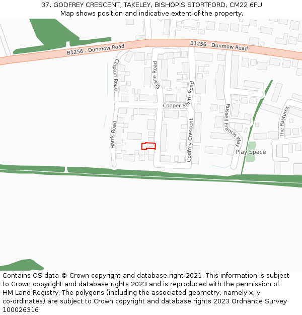 37, GODFREY CRESCENT, TAKELEY, BISHOP'S STORTFORD, CM22 6FU: Location map and indicative extent of plot