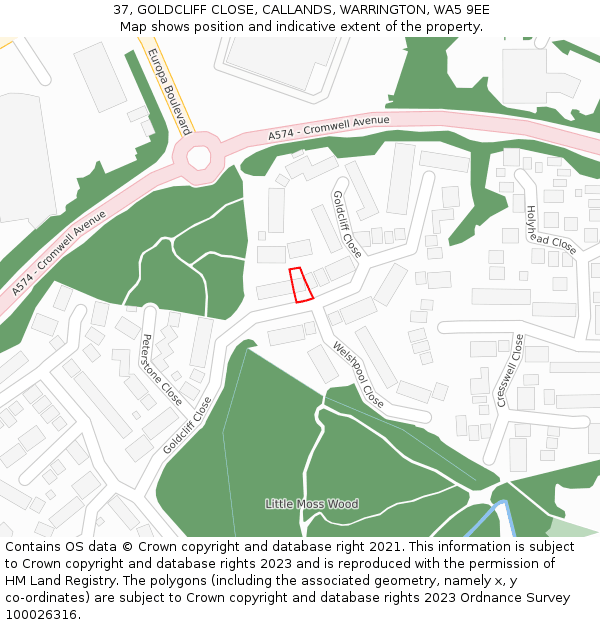 37, GOLDCLIFF CLOSE, CALLANDS, WARRINGTON, WA5 9EE: Location map and indicative extent of plot