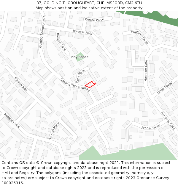 37, GOLDING THOROUGHFARE, CHELMSFORD, CM2 6TU: Location map and indicative extent of plot