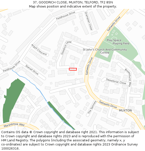 37, GOODRICH CLOSE, MUXTON, TELFORD, TF2 8SN: Location map and indicative extent of plot