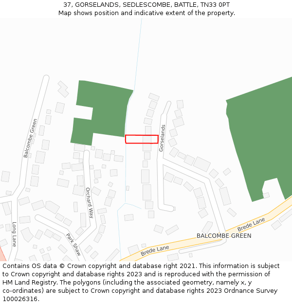 37, GORSELANDS, SEDLESCOMBE, BATTLE, TN33 0PT: Location map and indicative extent of plot