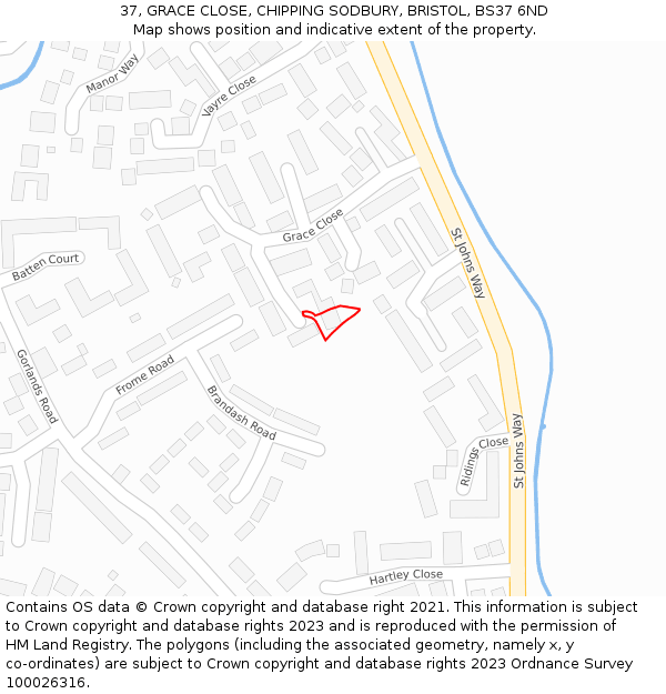 37, GRACE CLOSE, CHIPPING SODBURY, BRISTOL, BS37 6ND: Location map and indicative extent of plot
