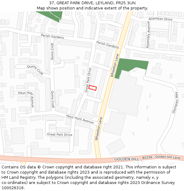 37, GREAT PARK DRIVE, LEYLAND, PR25 3UN: Location map and indicative extent of plot