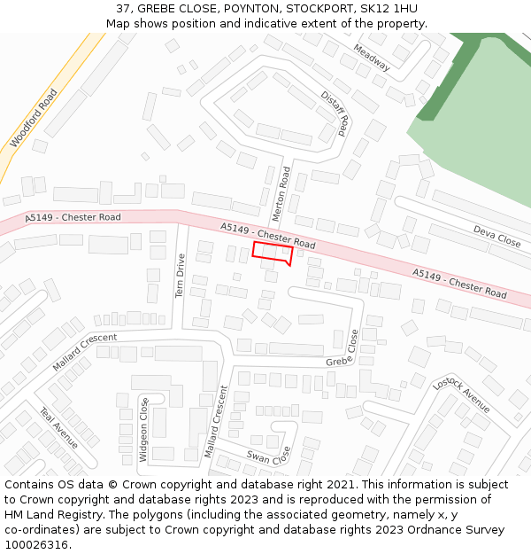 37, GREBE CLOSE, POYNTON, STOCKPORT, SK12 1HU: Location map and indicative extent of plot