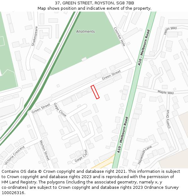 37, GREEN STREET, ROYSTON, SG8 7BB: Location map and indicative extent of plot