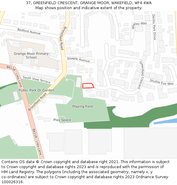 37, GREENFIELD CRESCENT, GRANGE MOOR, WAKEFIELD, WF4 4WA: Location map and indicative extent of plot