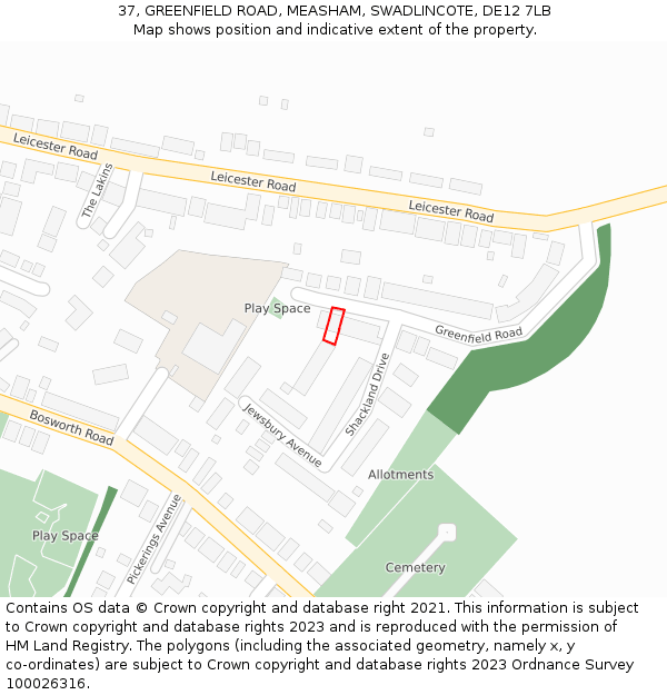 37, GREENFIELD ROAD, MEASHAM, SWADLINCOTE, DE12 7LB: Location map and indicative extent of plot