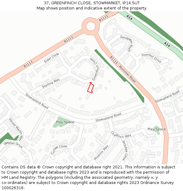 37, GREENFINCH CLOSE, STOWMARKET, IP14 5UT: Location map and indicative extent of plot
