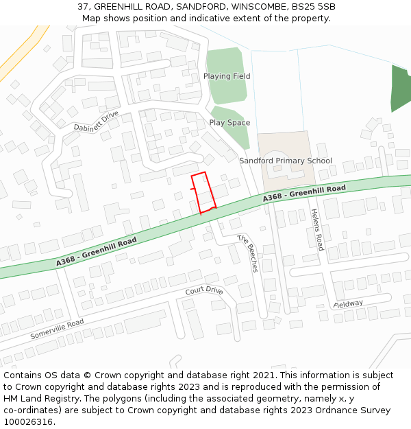 37, GREENHILL ROAD, SANDFORD, WINSCOMBE, BS25 5SB: Location map and indicative extent of plot