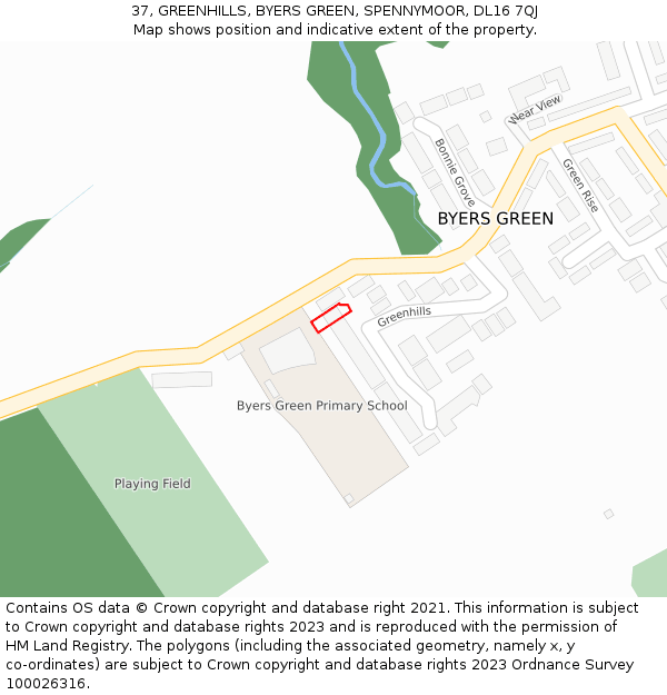 37, GREENHILLS, BYERS GREEN, SPENNYMOOR, DL16 7QJ: Location map and indicative extent of plot