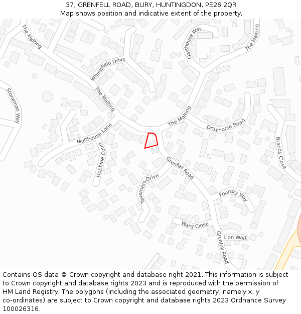 37, GRENFELL ROAD, BURY, HUNTINGDON, PE26 2QR: Location map and indicative extent of plot