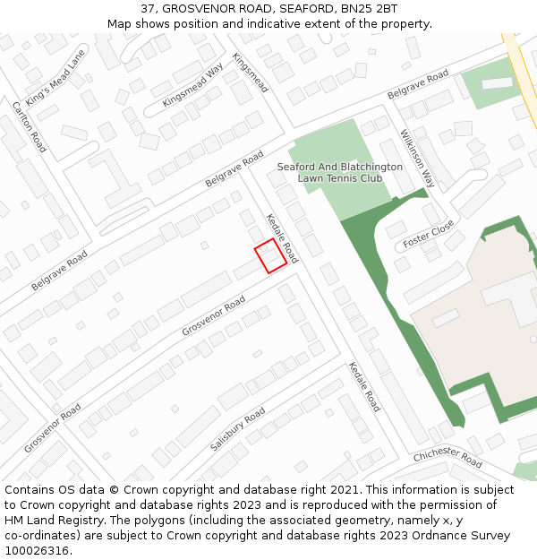 37, GROSVENOR ROAD, SEAFORD, BN25 2BT: Location map and indicative extent of plot