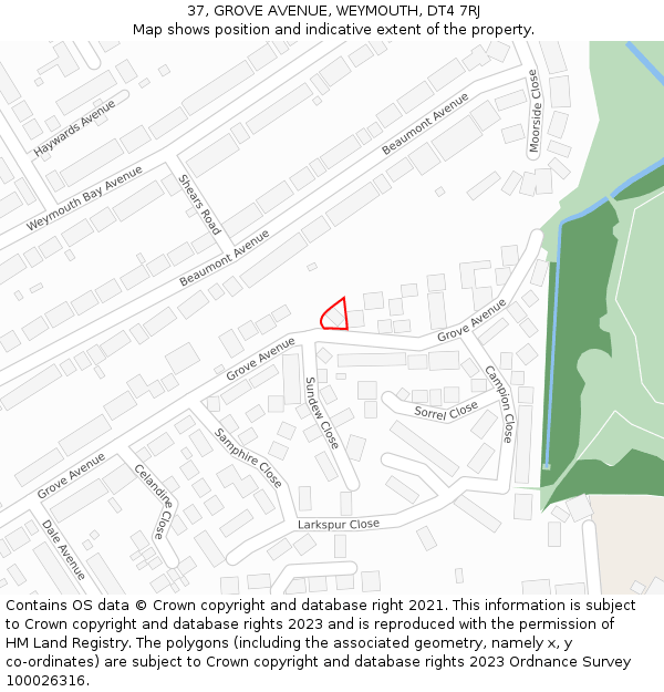 37, GROVE AVENUE, WEYMOUTH, DT4 7RJ: Location map and indicative extent of plot