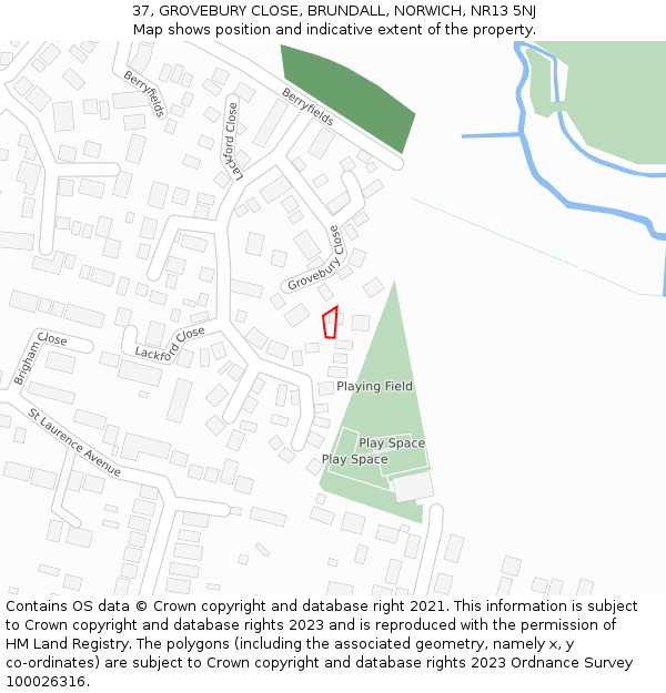 37, GROVEBURY CLOSE, BRUNDALL, NORWICH, NR13 5NJ: Location map and indicative extent of plot