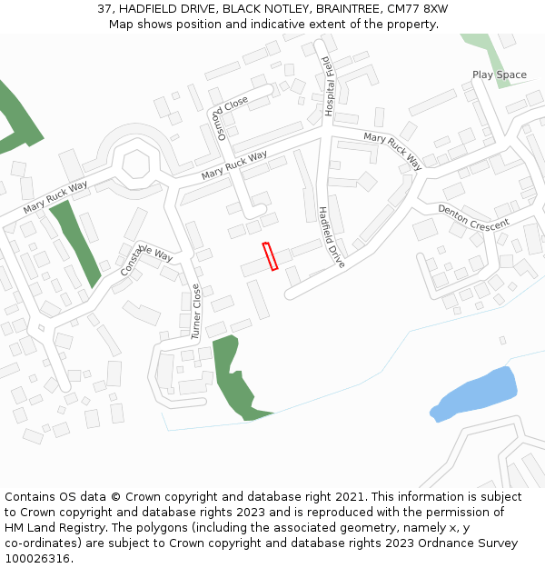 37, HADFIELD DRIVE, BLACK NOTLEY, BRAINTREE, CM77 8XW: Location map and indicative extent of plot