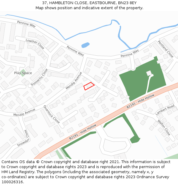 37, HAMBLETON CLOSE, EASTBOURNE, BN23 8EY: Location map and indicative extent of plot