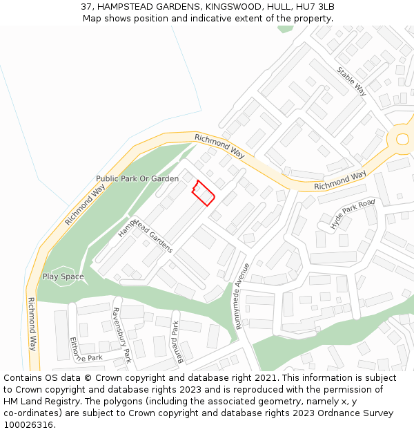 37, HAMPSTEAD GARDENS, KINGSWOOD, HULL, HU7 3LB: Location map and indicative extent of plot