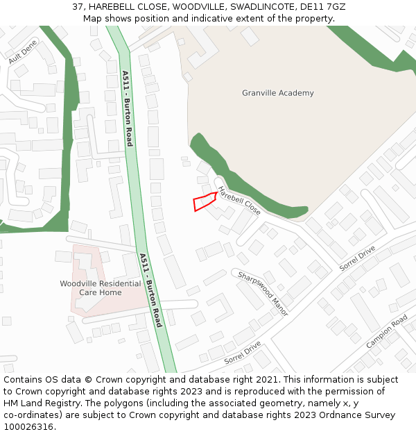 37, HAREBELL CLOSE, WOODVILLE, SWADLINCOTE, DE11 7GZ: Location map and indicative extent of plot