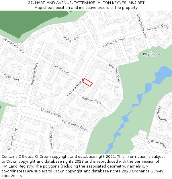 37, HARTLAND AVENUE, TATTENHOE, MILTON KEYNES, MK4 3BT: Location map and indicative extent of plot