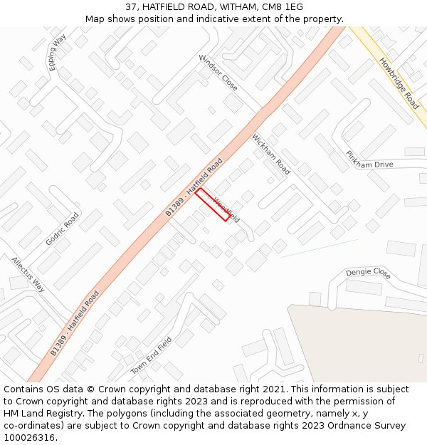 37, HATFIELD ROAD, WITHAM, CM8 1EG: Location map and indicative extent of plot