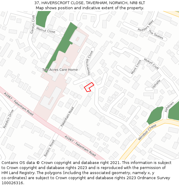 37, HAVERSCROFT CLOSE, TAVERHAM, NORWICH, NR8 6LT: Location map and indicative extent of plot