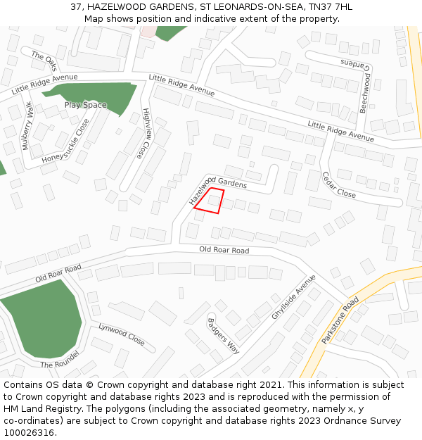 37, HAZELWOOD GARDENS, ST LEONARDS-ON-SEA, TN37 7HL: Location map and indicative extent of plot