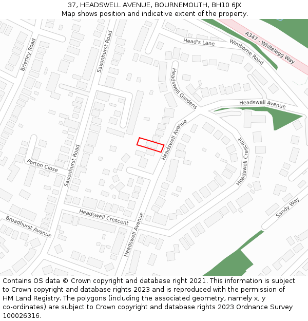 37, HEADSWELL AVENUE, BOURNEMOUTH, BH10 6JX: Location map and indicative extent of plot