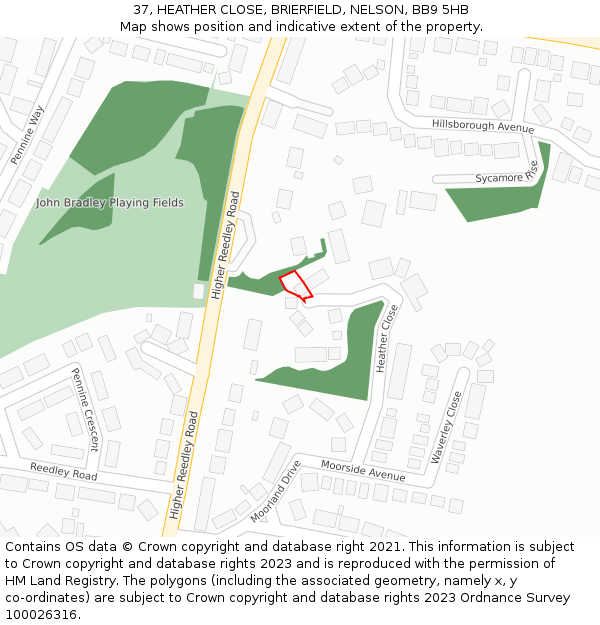 37, HEATHER CLOSE, BRIERFIELD, NELSON, BB9 5HB: Location map and indicative extent of plot