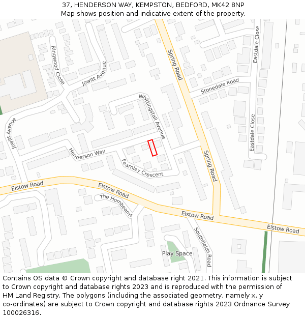 37, HENDERSON WAY, KEMPSTON, BEDFORD, MK42 8NP: Location map and indicative extent of plot