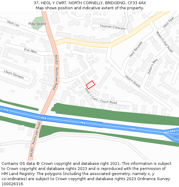 37, HEOL Y CWRT, NORTH CORNELLY, BRIDGEND, CF33 4AX: Location map and indicative extent of plot