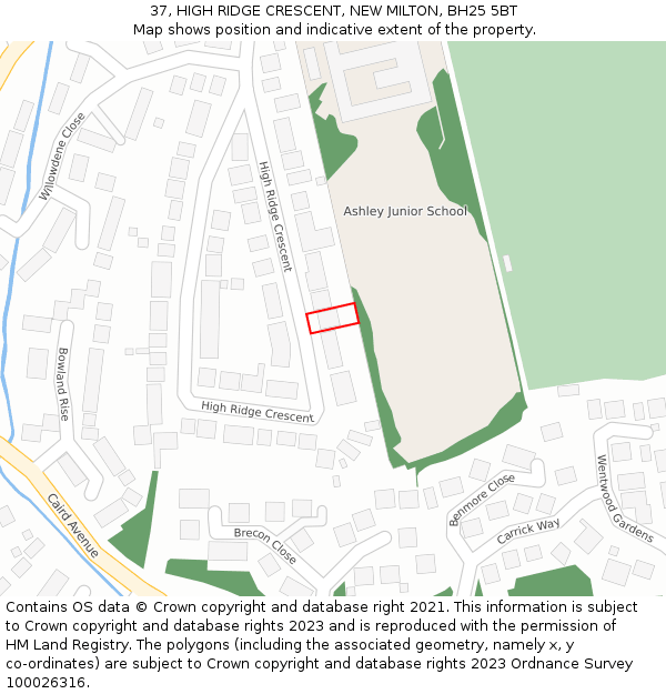 37, HIGH RIDGE CRESCENT, NEW MILTON, BH25 5BT: Location map and indicative extent of plot