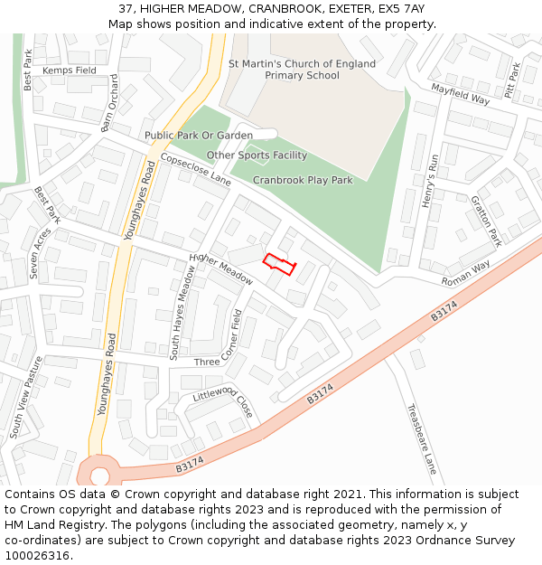 37, HIGHER MEADOW, CRANBROOK, EXETER, EX5 7AY: Location map and indicative extent of plot